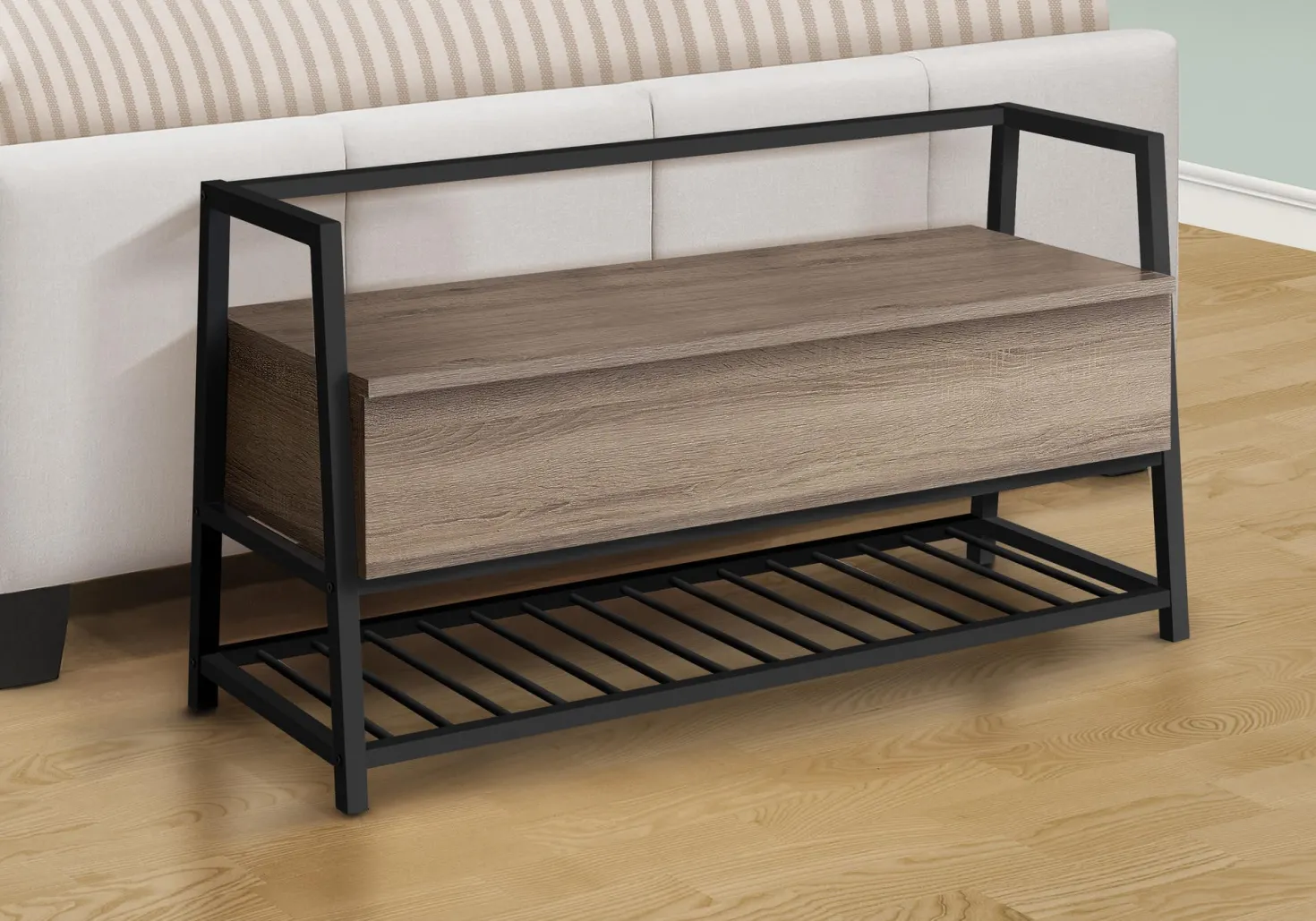 Banc - étagère à chaussures, rangement à rabat - 42"L - faux bois taupe fonc - Monarch