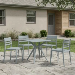 Ensemble à dîner d'extérieur en résine avec 1 table carrée et 4 chaises empilables - gris