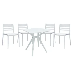 Ensemble à dîner d'extérieur en résine avec 1 table carrée et 4 chaises empilables - blanc