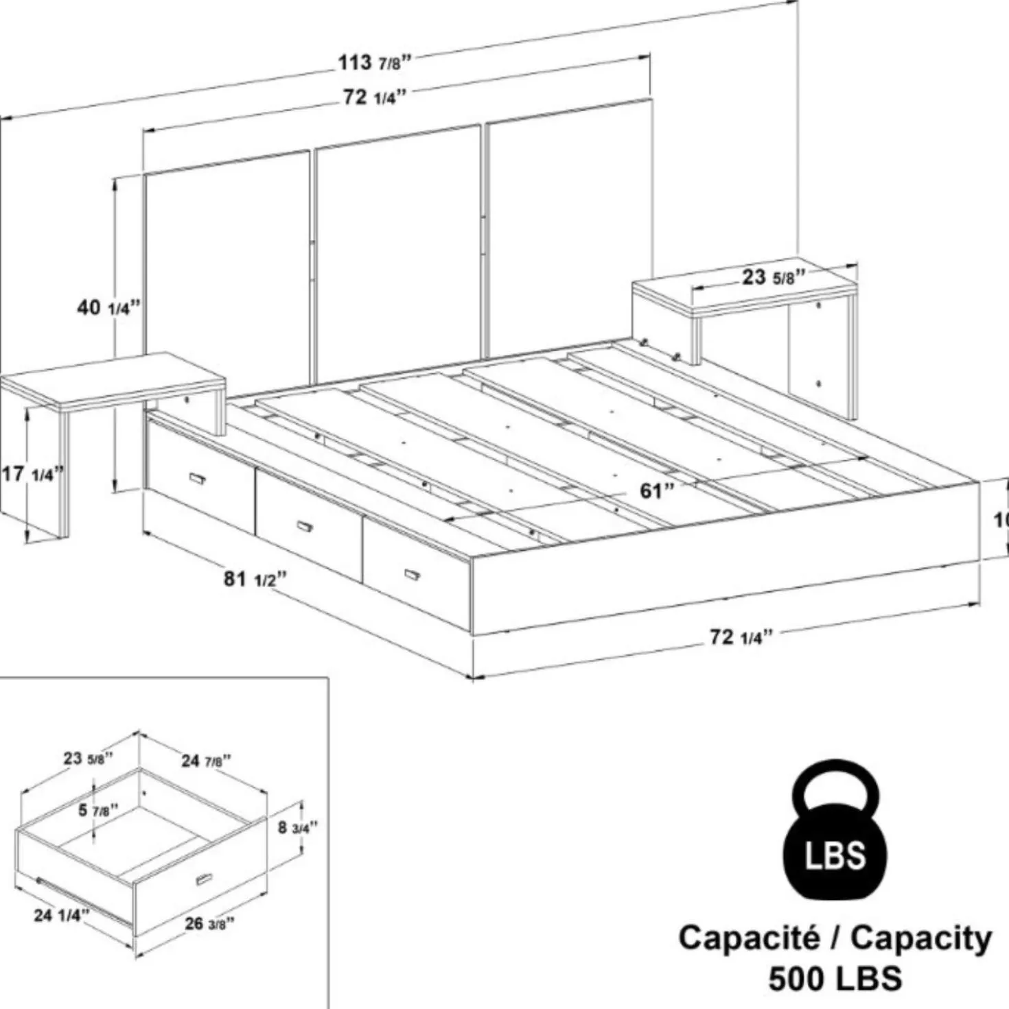 Ensemble grand lit avec rangement 6 tiroirs (60") - 4 mcx