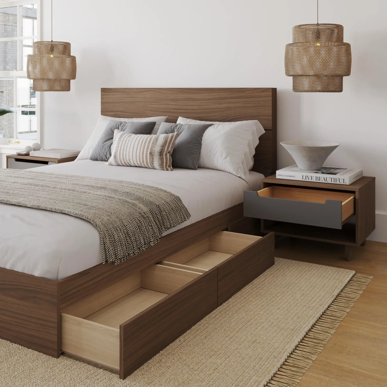 Ensemble grand lit avec rangement 3 tiroirs (60") - 4 mcx - Nexera