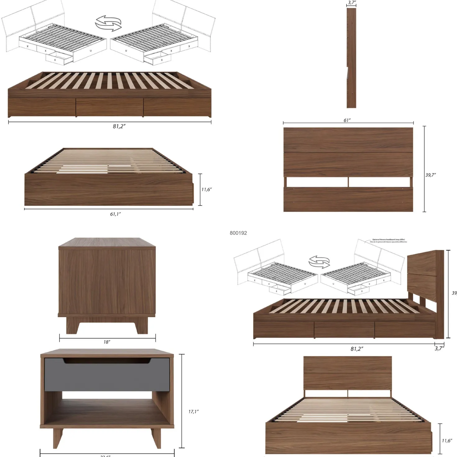 Ensemble grand lit avec rangement 3 tiroirs (60") - 4 mcx - Nexera