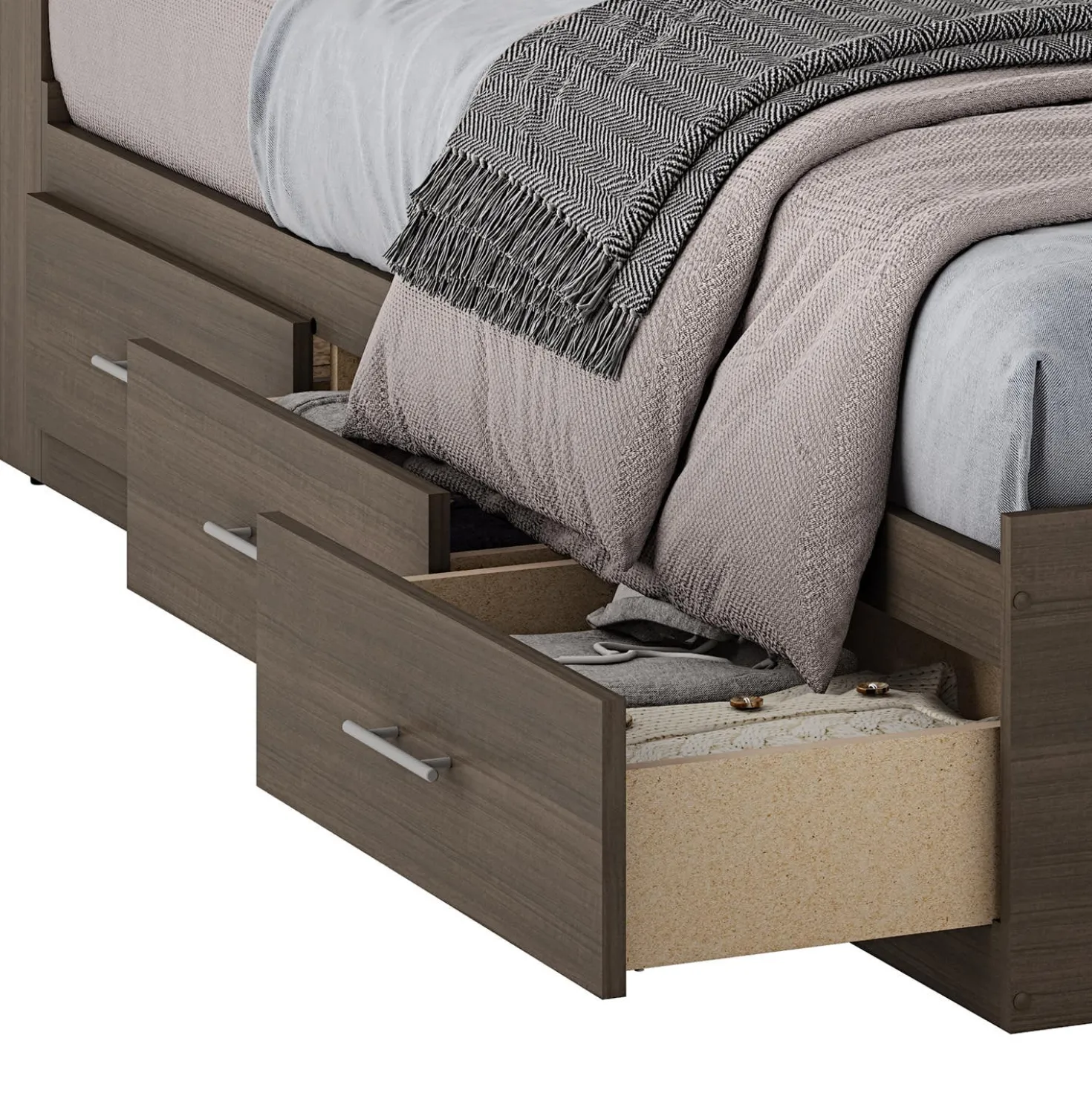Ensemble lit double avec rangement 6 tiroirs, tête de lit et table de chevet (54")