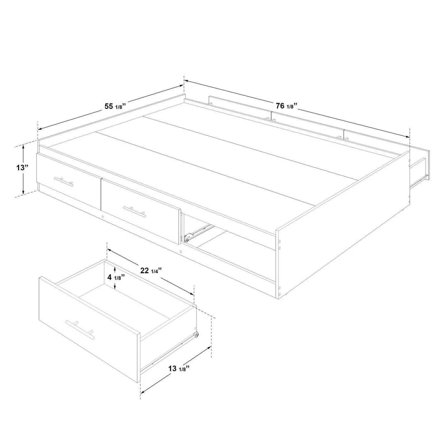 Ensemble lit double avec rangement 6 tiroirs, tête de lit et table de chevet (54")