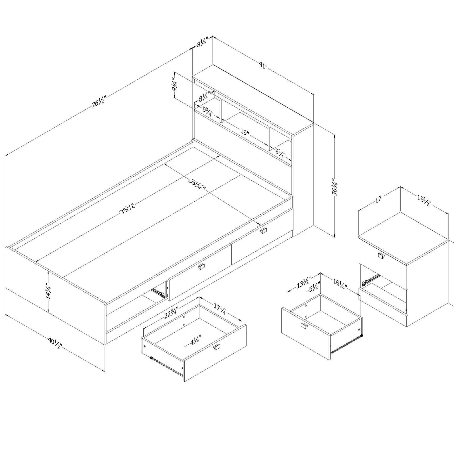 Ensemble lit simple avec rangement 3 tiroirs, tête de lit avec chargement USB et table de chevet (39") - South Shore