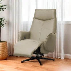 Fauteuil électrique inclinable et pivotant en cuir véritable - taupe