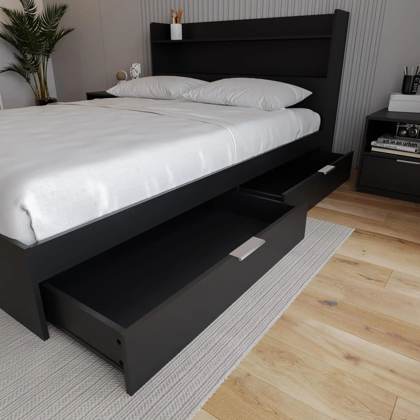 Grand lit avec rangement 2 tiroirs (60") - Nexera