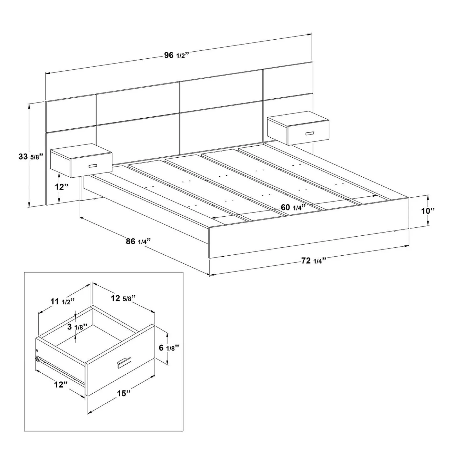 Grand lit plateforme avec panneaux et tables de chevet (60")