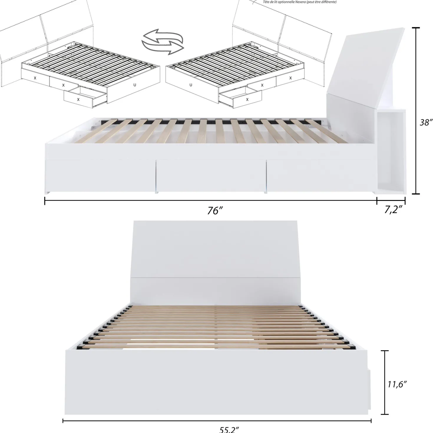 Lit double avec rangement 3 tiroirs et tête de lit (54") - Nexera