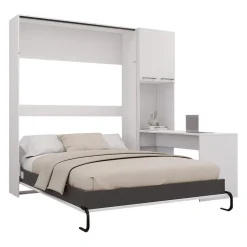 Lit escamotable queen, armoires de rangement et bureau - blanc