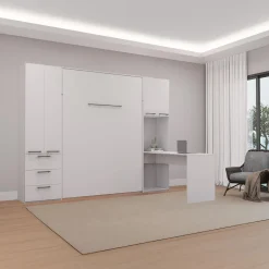 Lit escamotable queen, unités de rangement et bureau - blanc