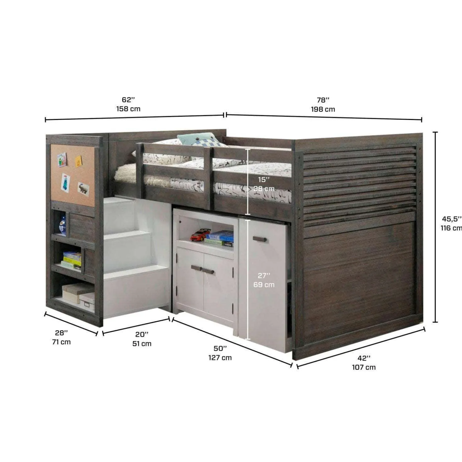 Lit simple mezzanine avec rangement et bureau (39") 5 mcx