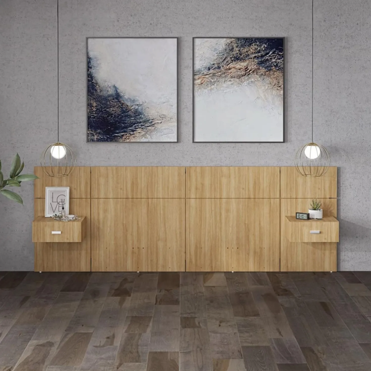 Panneaux avec 2 tables de chevet intégrées pour lits queen - naturel