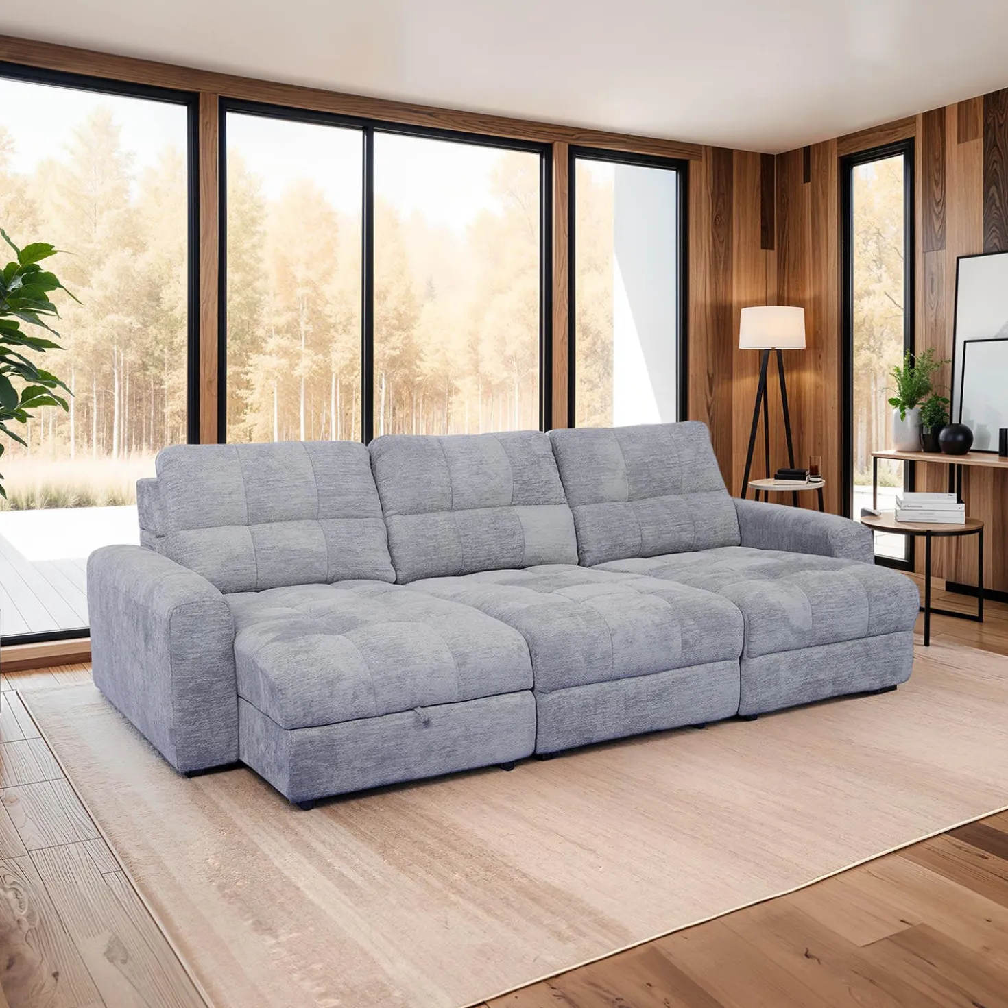 Sofa modulaire électrique avec 2 sièges coulissants et chaise longue à gauche avec rangement - 3 mcx