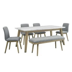 Table à manger avec plateau en marbre blanc, 4 chaises et 1 banc - gris
