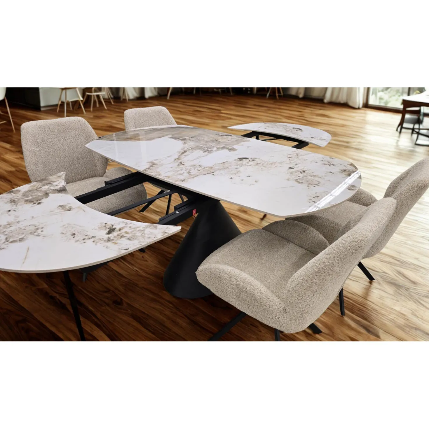 Table à manger ovale convertible extensible avec piédestal et 4 chaises en tissu bouclé - 63"