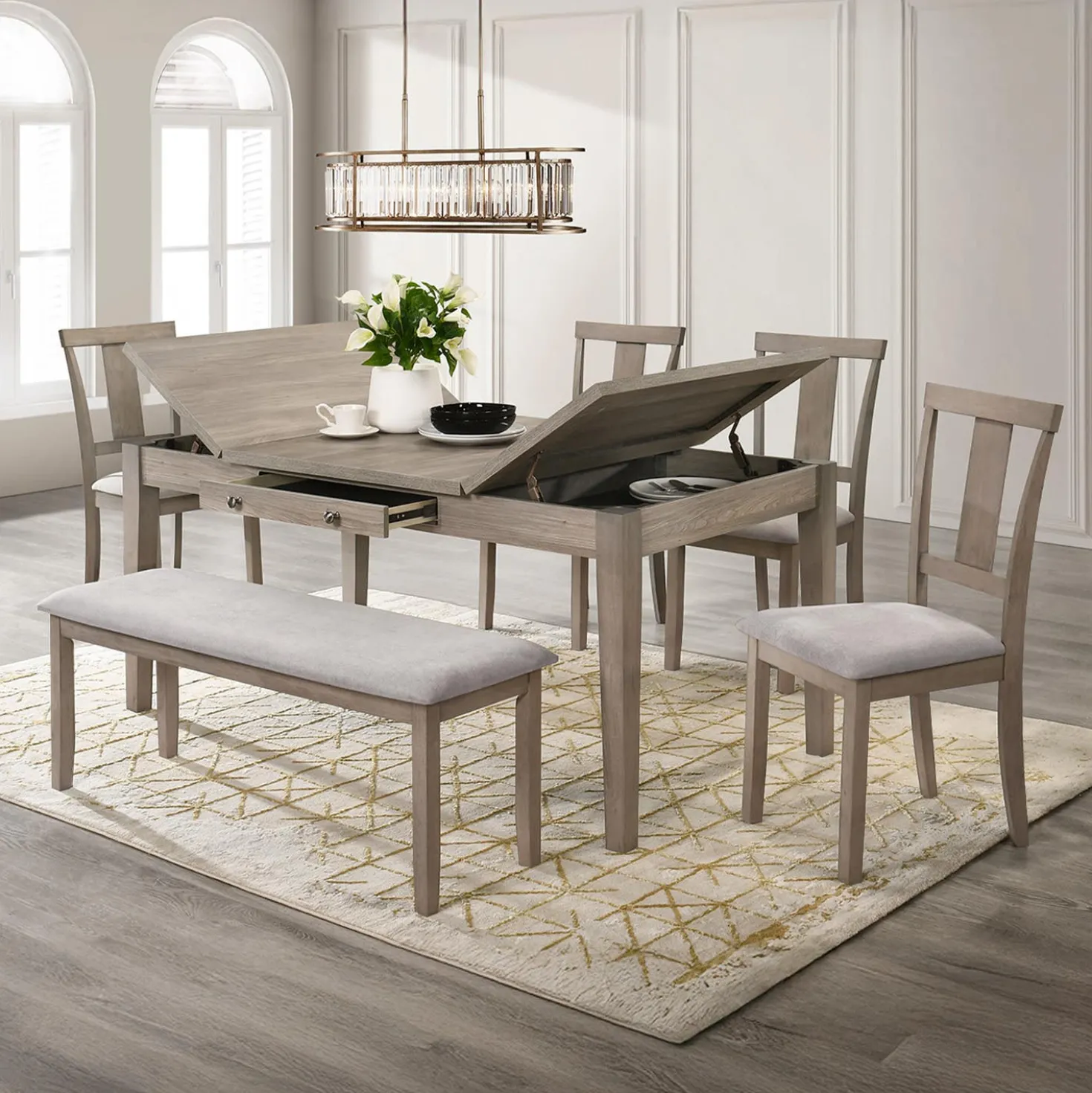 Table à manger rectangulaire avec rangement et 4 chaises - gris