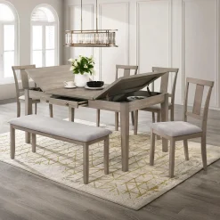 Table à manger rectangulaire avec rangement, 4 chaises et 1 banc - gris