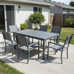 Table à manger rectangulaire d’extérieur en métal et 6 chaises