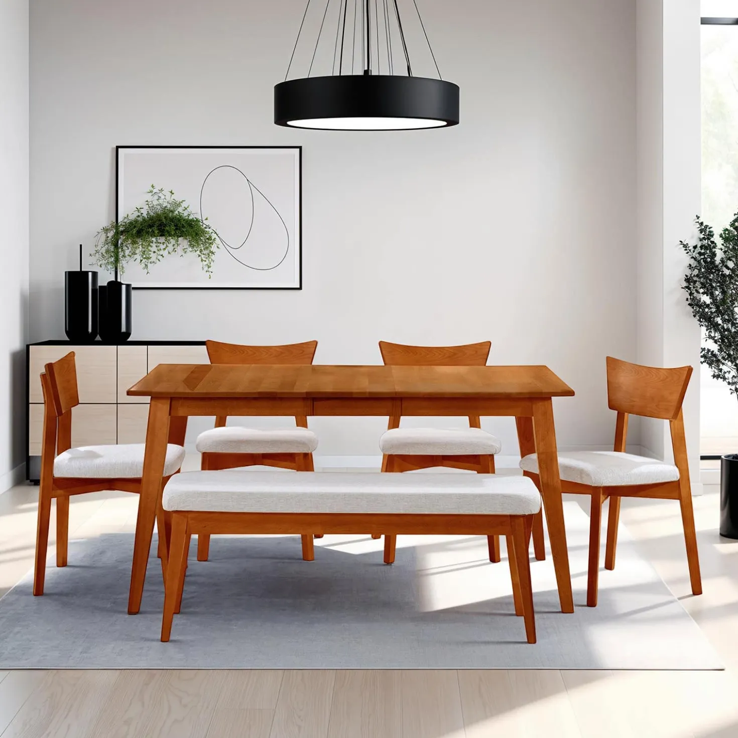 Table à manger rectangulaire extensible (48" à 60") avec 4 chaises et banc - brun