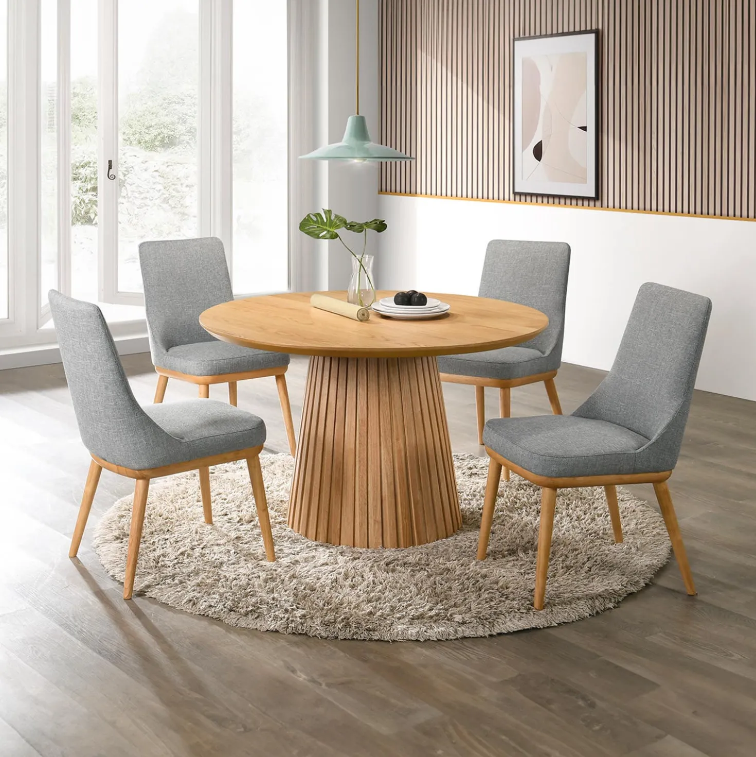 Table à manger ronde à piédestal avec 2 chaises - gris