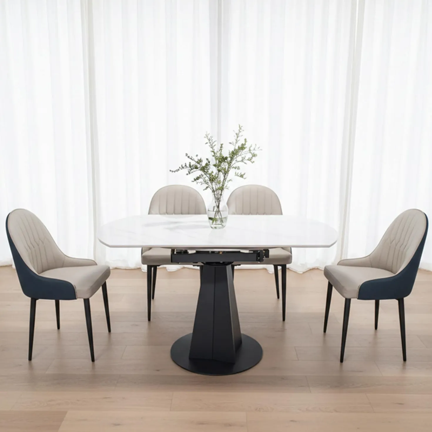 Table à manger ronde convertible extensible avec piédestal et 4 chaises - 53"