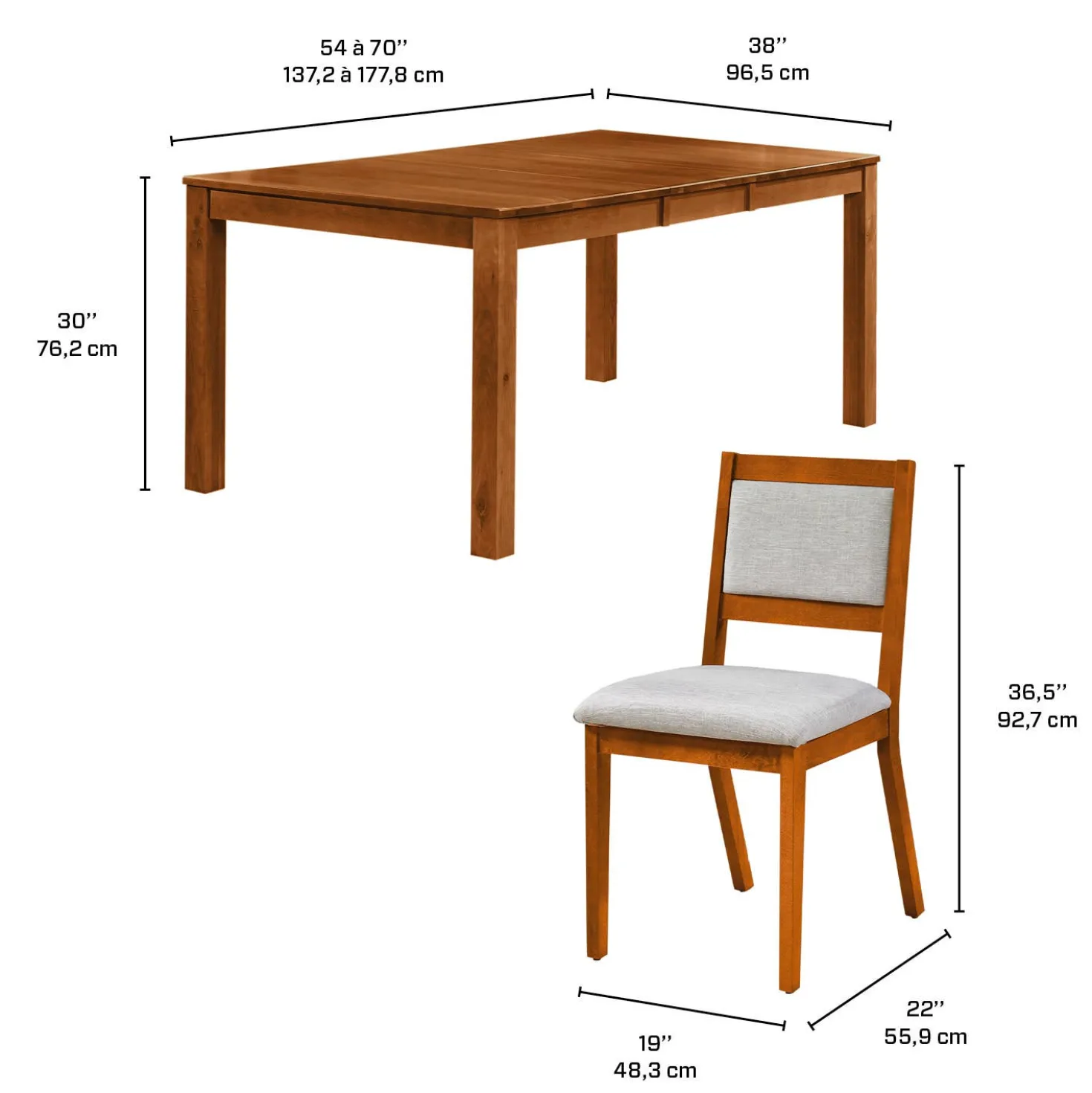 Table avec rallonge (54" à 70") et 6 chaises - brun