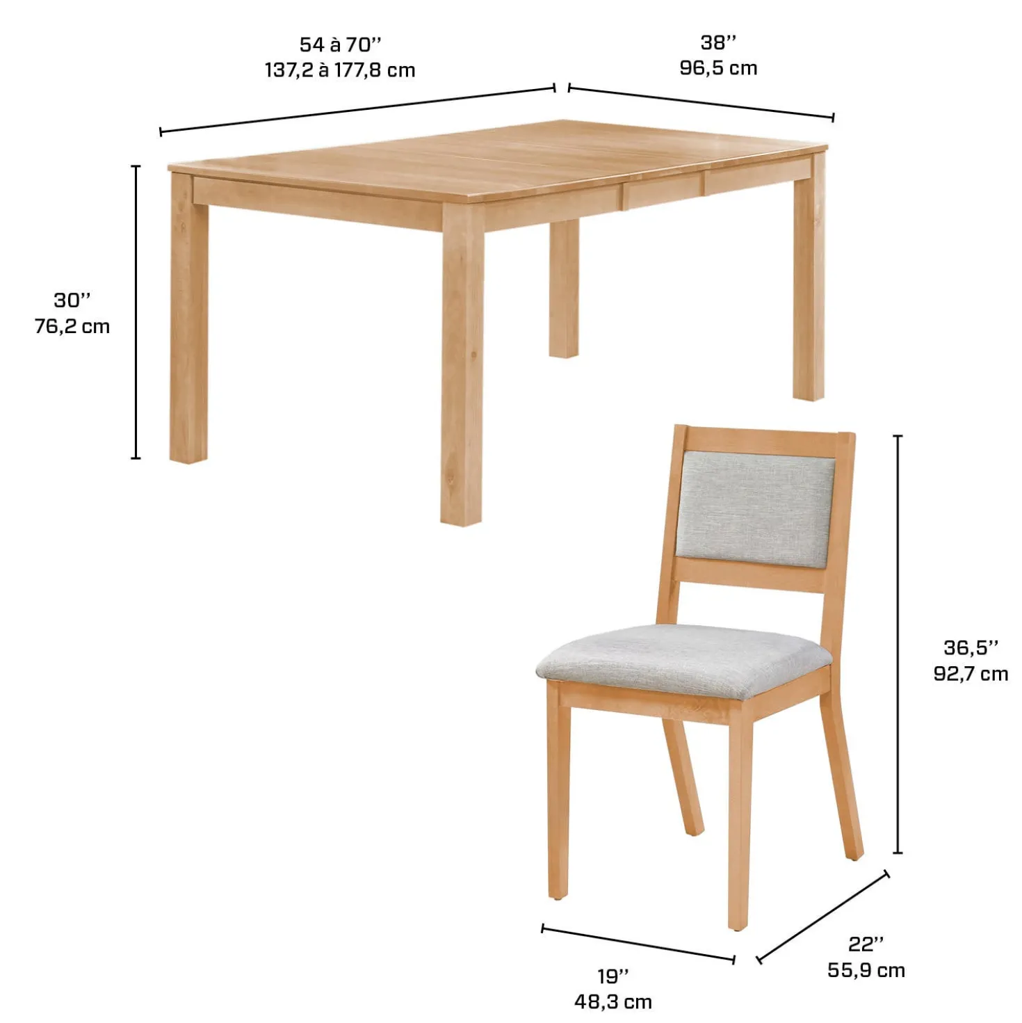 Table avec rallonge (54" à 70") et 6 chaises - naturel