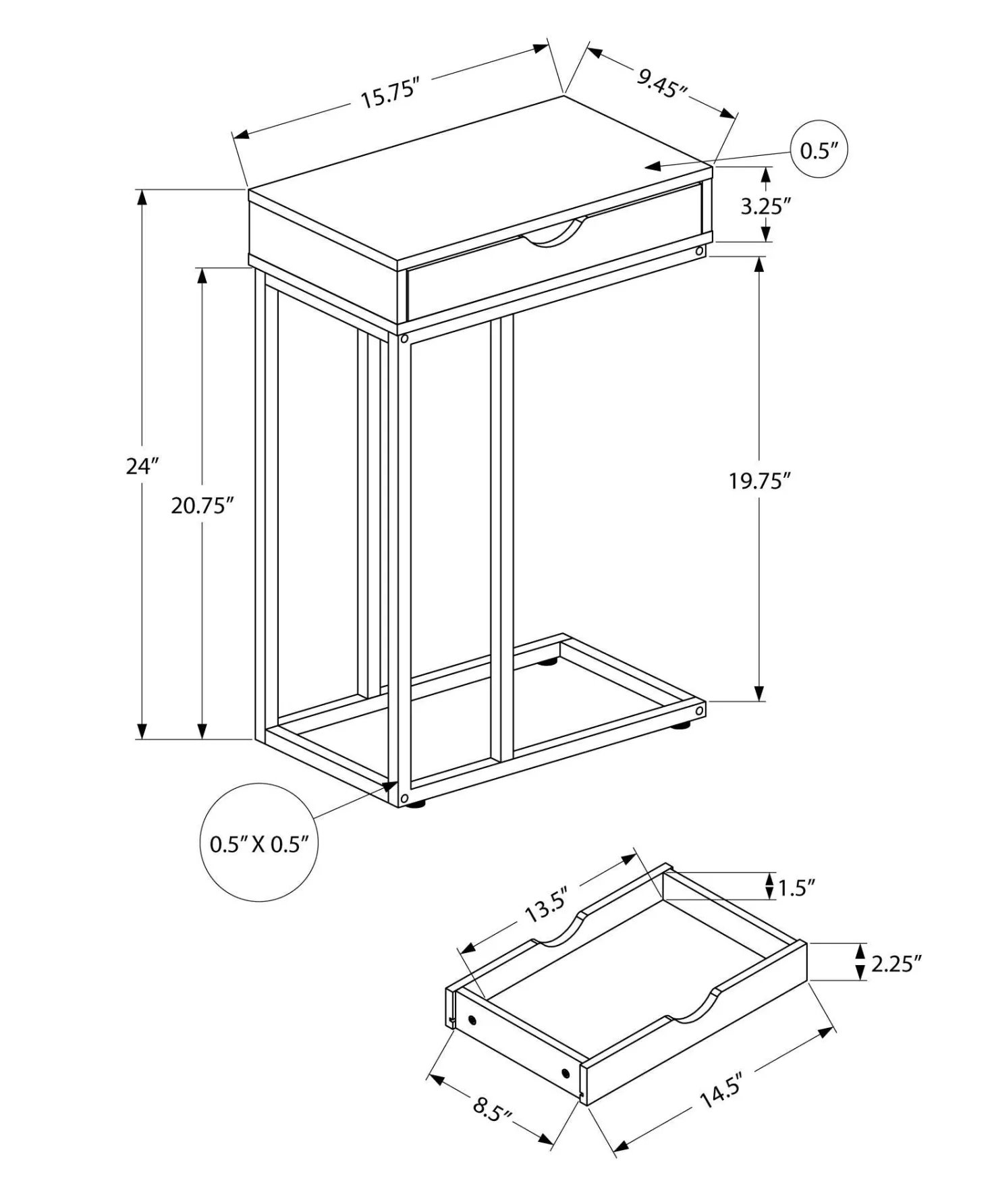 Table d'appoint - 25"H, naturel, métal blanc - Monarch