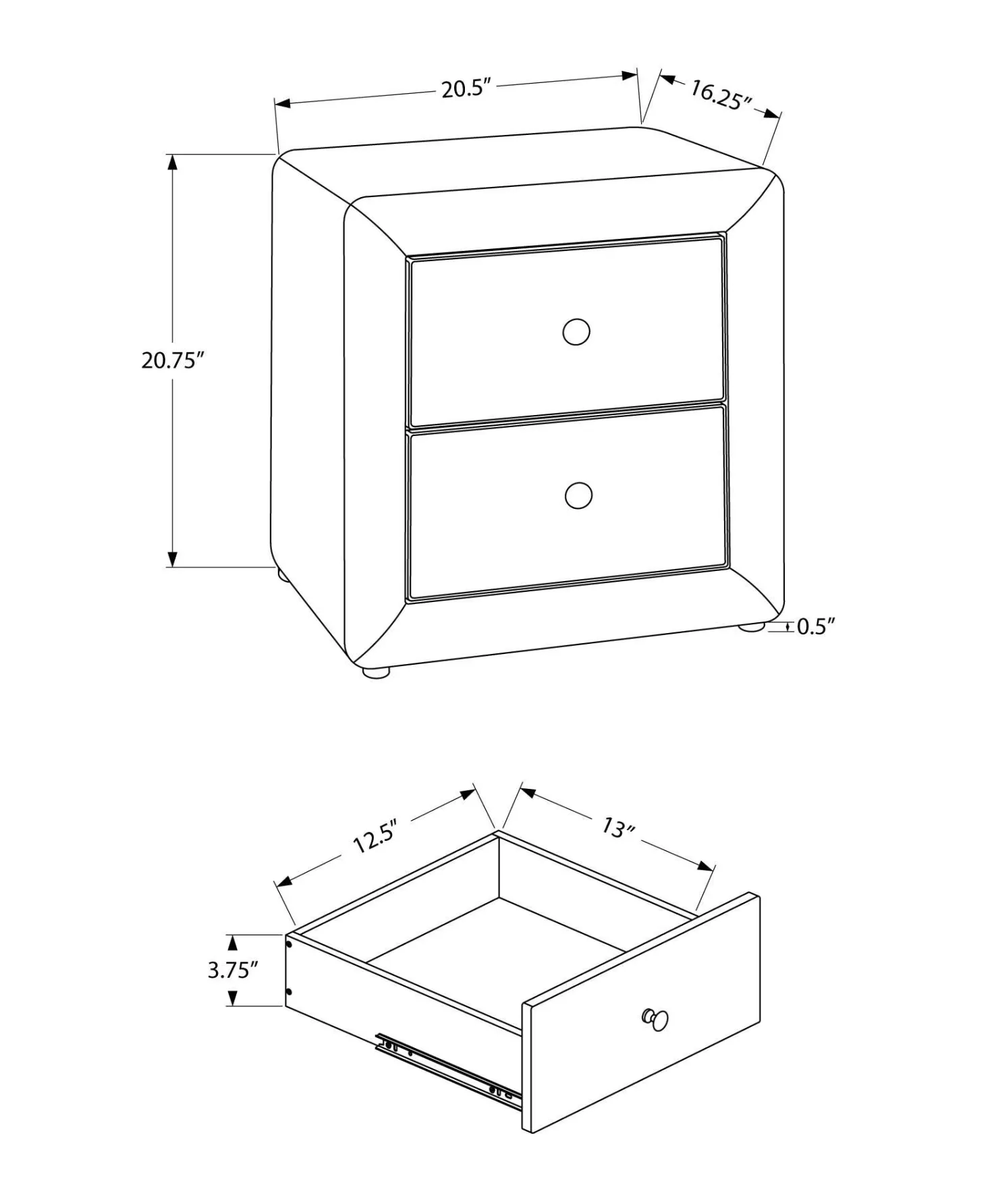 Table de chevet - rembourrée, 2 tiroirs de rangement - 21" h - faux lin gris - Monarch